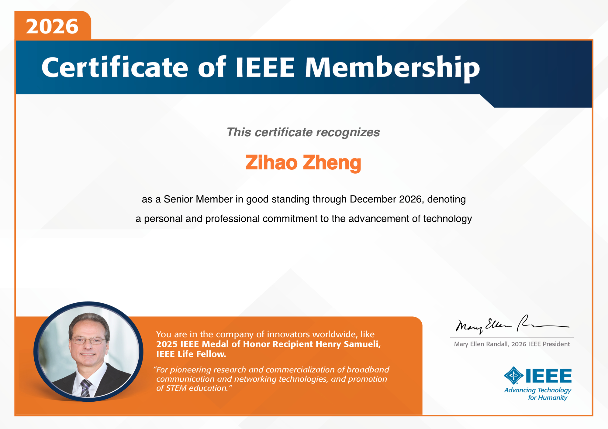 IEEE Senior Membership Certificate for Zihao Zheng
