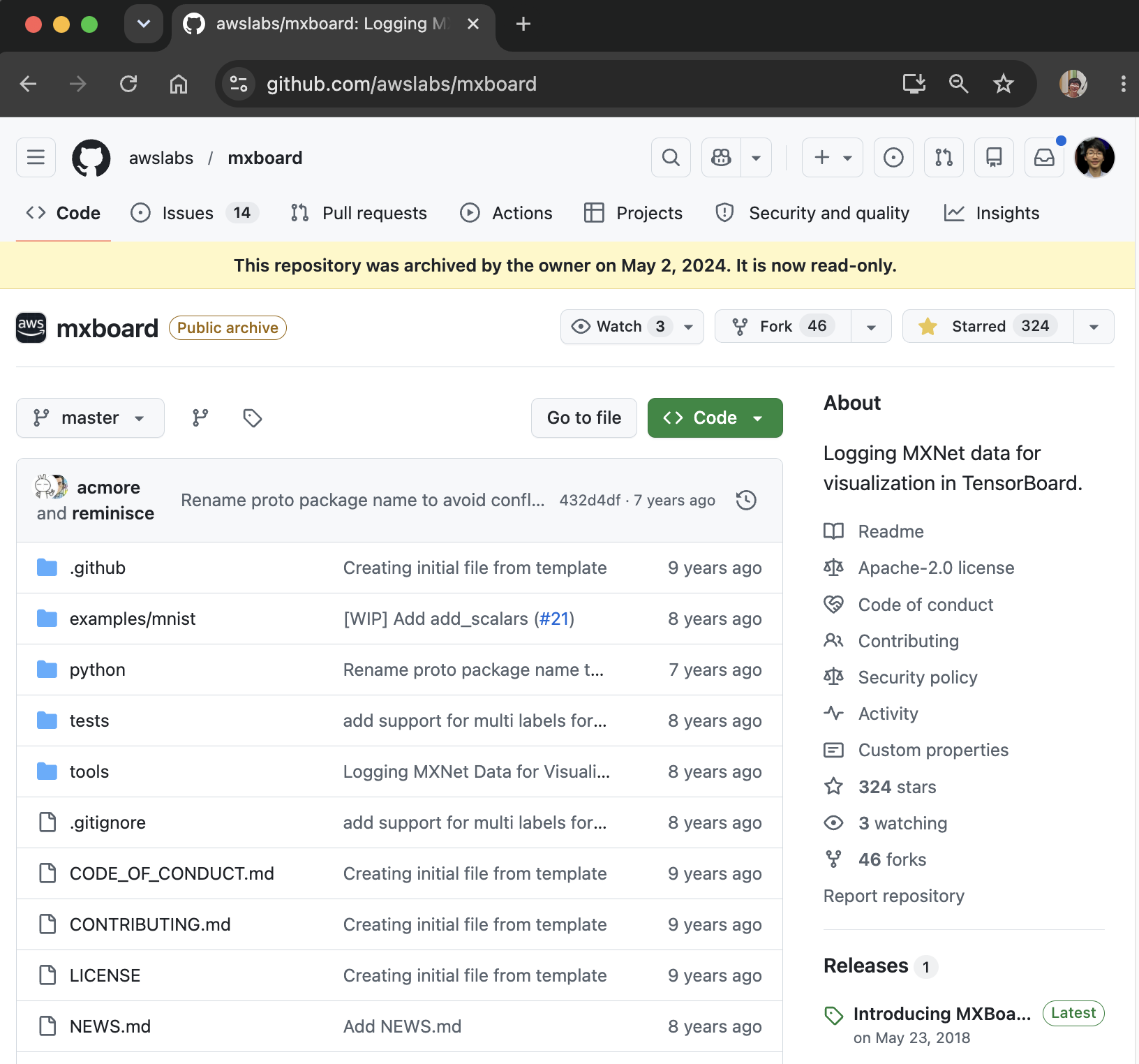 AWS mxboard GitHub repository — logging MXNet data for visualization in TensorBoard